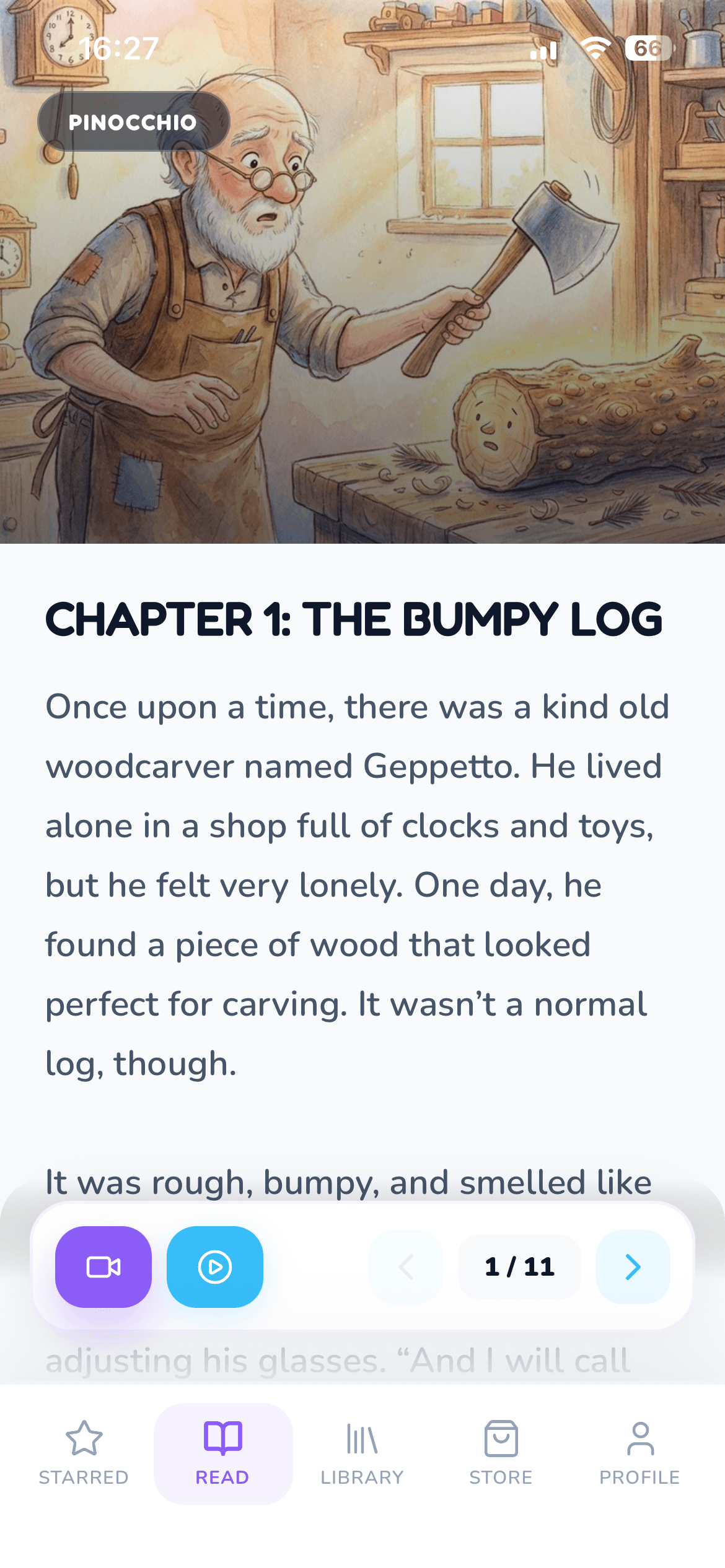 Kids Stories app screen showing a child reading a story and earning XP