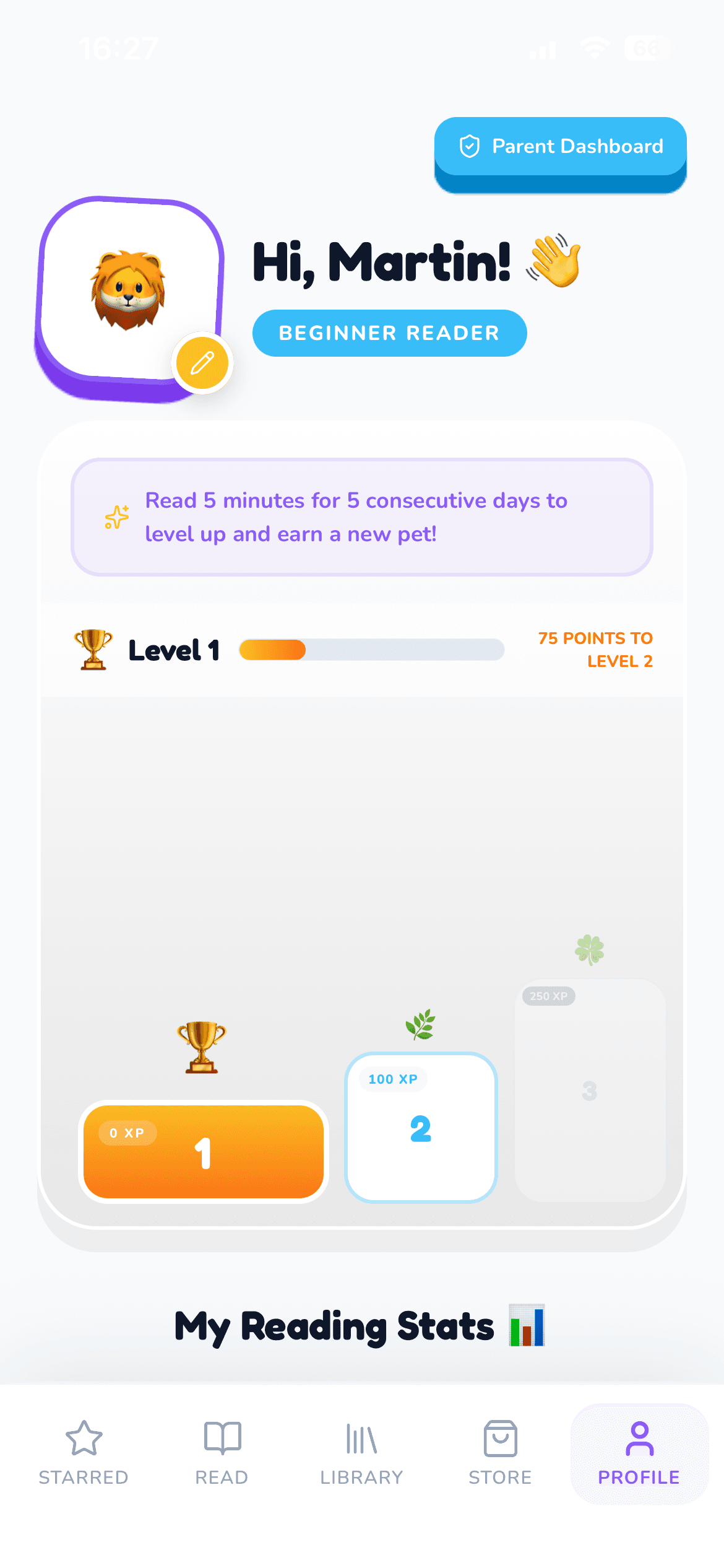 Kids Stories app screen showing a reading streak and unlockable companions